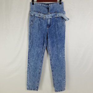 Almost Famous‎ Jeans Juniors Size 7 High Rise Mom Belted Stone Wash Blue Denim